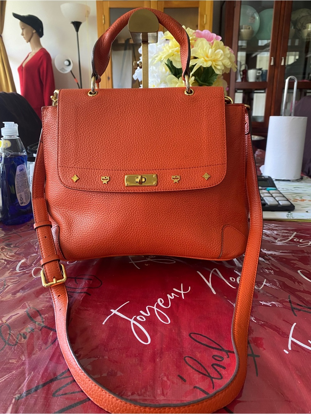 MCM Pebbled Leather Top-Handle Shoulder Bag in Orange
